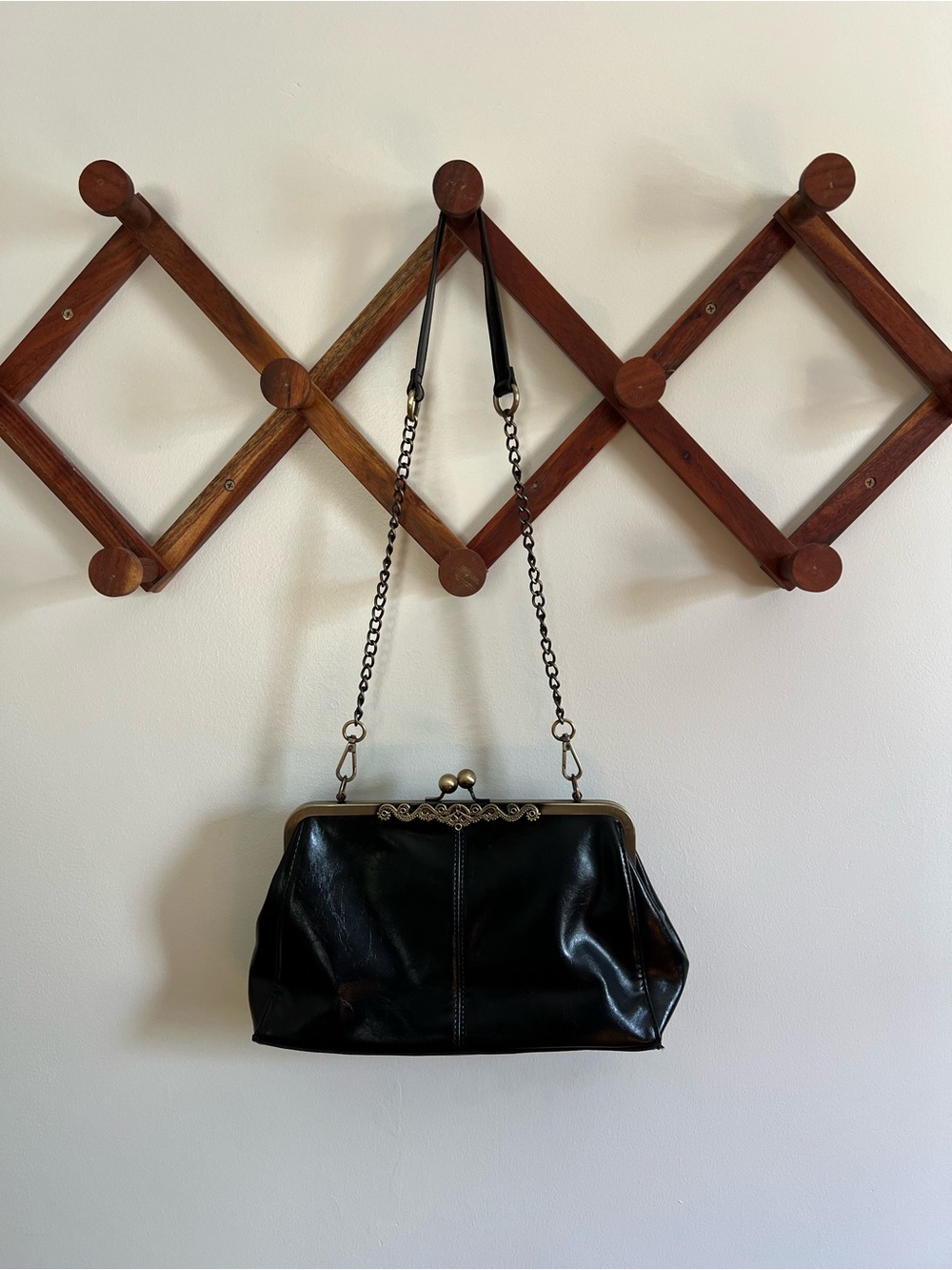 Classic Black Leather Frame Clutch with Chain Strap